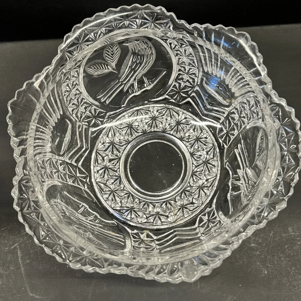 Hofbauer Byrdes Collection Bird Clear Crystal Large Candy Dish Nut Bowl Lid VTG
